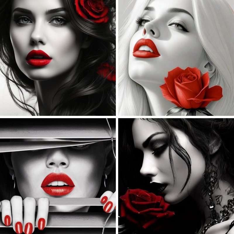 Embroidery Lips - Ragazza Nero Bianco Arte Labbro Rosso